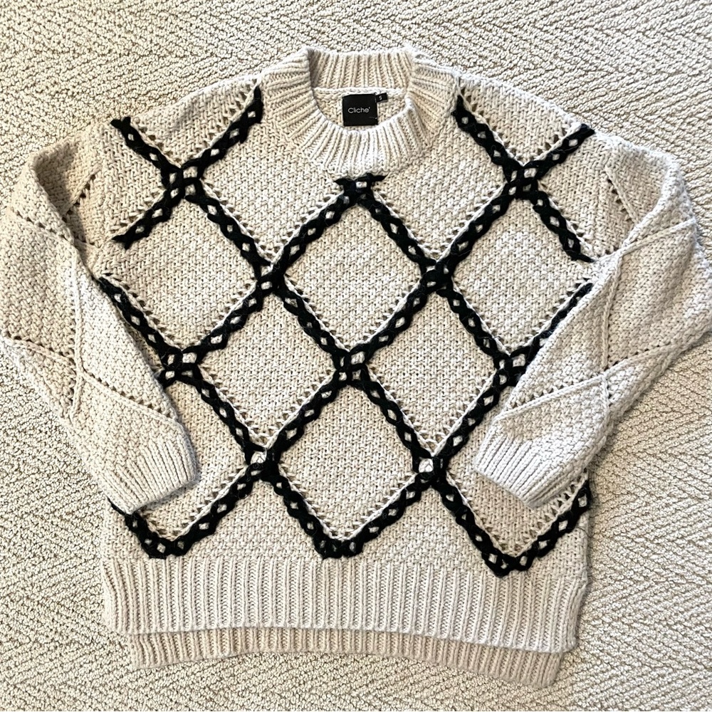 Cliche Womens Ivory And Black Open Stitch Sweater Size S